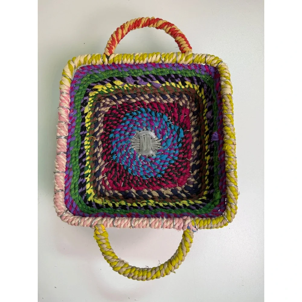 Handmade Multi Color Woven Fabric Wire Square Basket with Handles Boho Folk Art